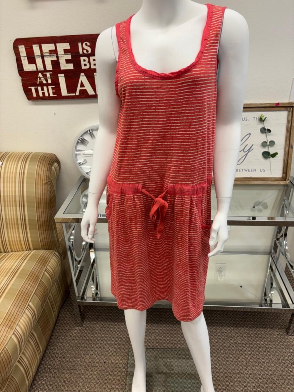 LOFT Red Striped Sleeveless Tie Waist Dress